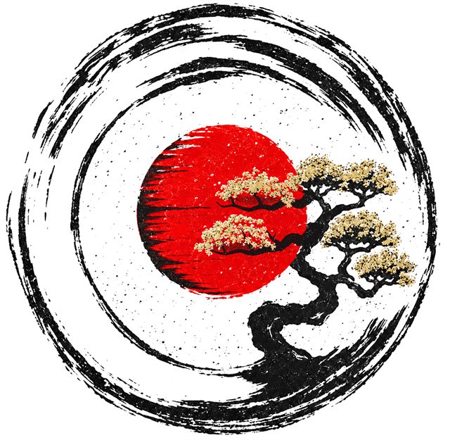 Ink brush circle with a red sun and a gold-leaf bonsai
